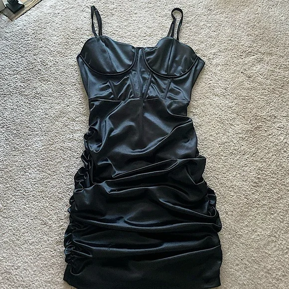 Black Satin Ruched Dress - Picture 1 of 4